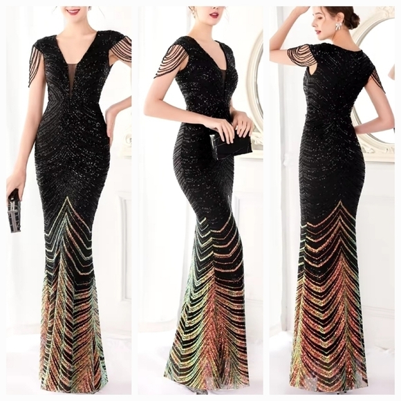 Black Chevron Print, Contrast Sequined and Mesh V Neck Cap Sleeve Mermai… - Picture 2 of 15